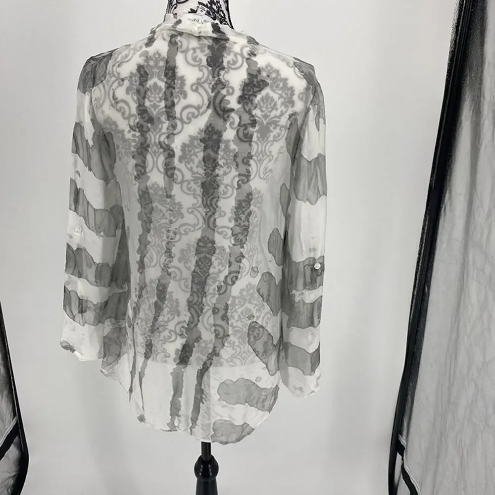 Belle France White & Gray Sheer Silk Blend Cover-Up Blouse Roll Tab Sleeves M - Picture 7 of 9